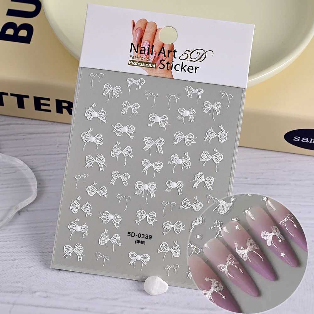 1PC 5D Embossed White Lace Bow Nail Art Stickers Cute Pink White Ribbon Bow Tie Nail Sliders Kawaii Bow Manicure Accessories TY9XJ250120