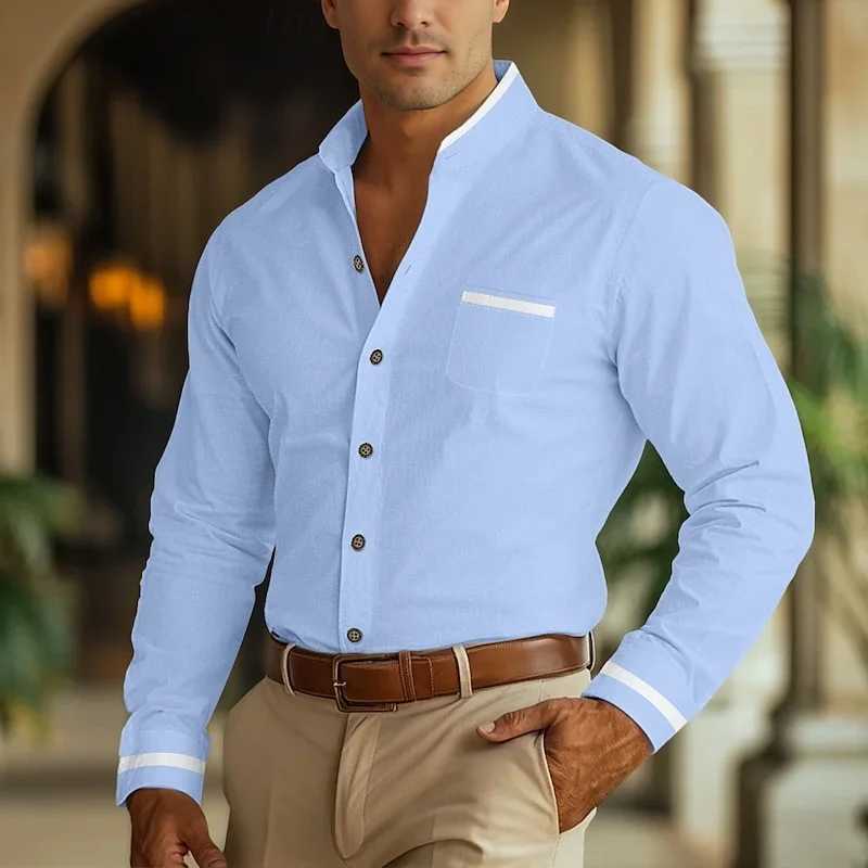 Mens standing collar shirt formal button up shirt gray long sleeved shirt daily wear front pocketXJ250121