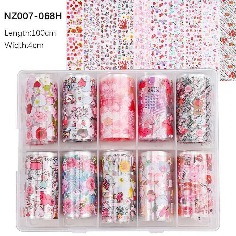 10 Rolls/Box Love Heart Flower Nail Foils Valentines Day Series Nail Transfer Foils Decals Slider Manicure Supplies 4*100cmXJ250120