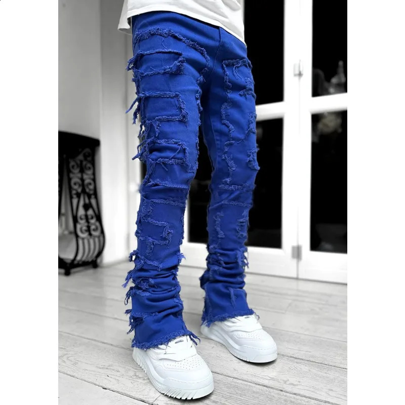 Spring Summer Mens Clothing Fashion Solid Color Elastic Patch Denim Straight-Leg Pants Jeans 250120