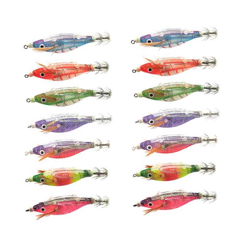 New 14pcs Fishing Lures Set 2.0# Squid Jig Bait Bundled Luminous Webfoot Octopus Egi Lure Wobbler Cuttlefish Hook Sea TackleXJ250122