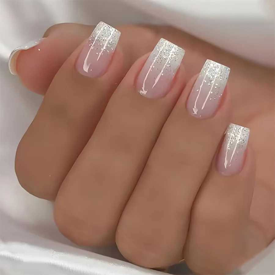 24Pcs Glitter Gradient White False Nails Set Short Square Head Press on Nails Wearable French Manicure Tips Full Cover Fake NailW250120