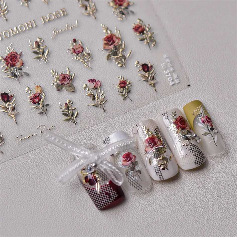 Japanese Vintage Red Blue Rose Flower Laser Gold Silver Nail Stickers Nail Art Decal Design Manicure Tool High QualityXJ250120