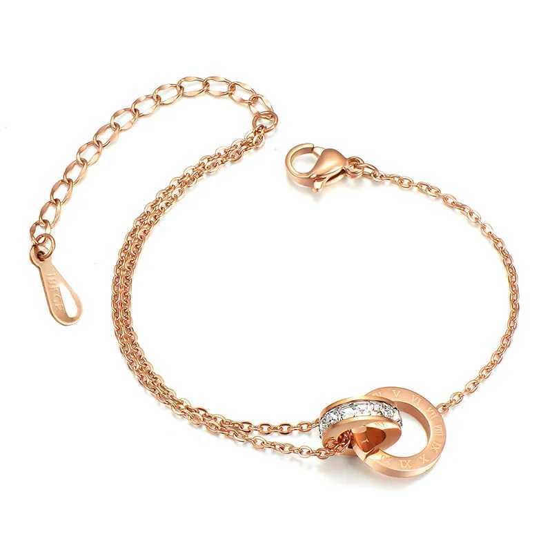 Double Circle Anklet for Woman Roman Numerals Rose Gold Color Titanium Steel Fashion Jewelry (A001)XJ250121