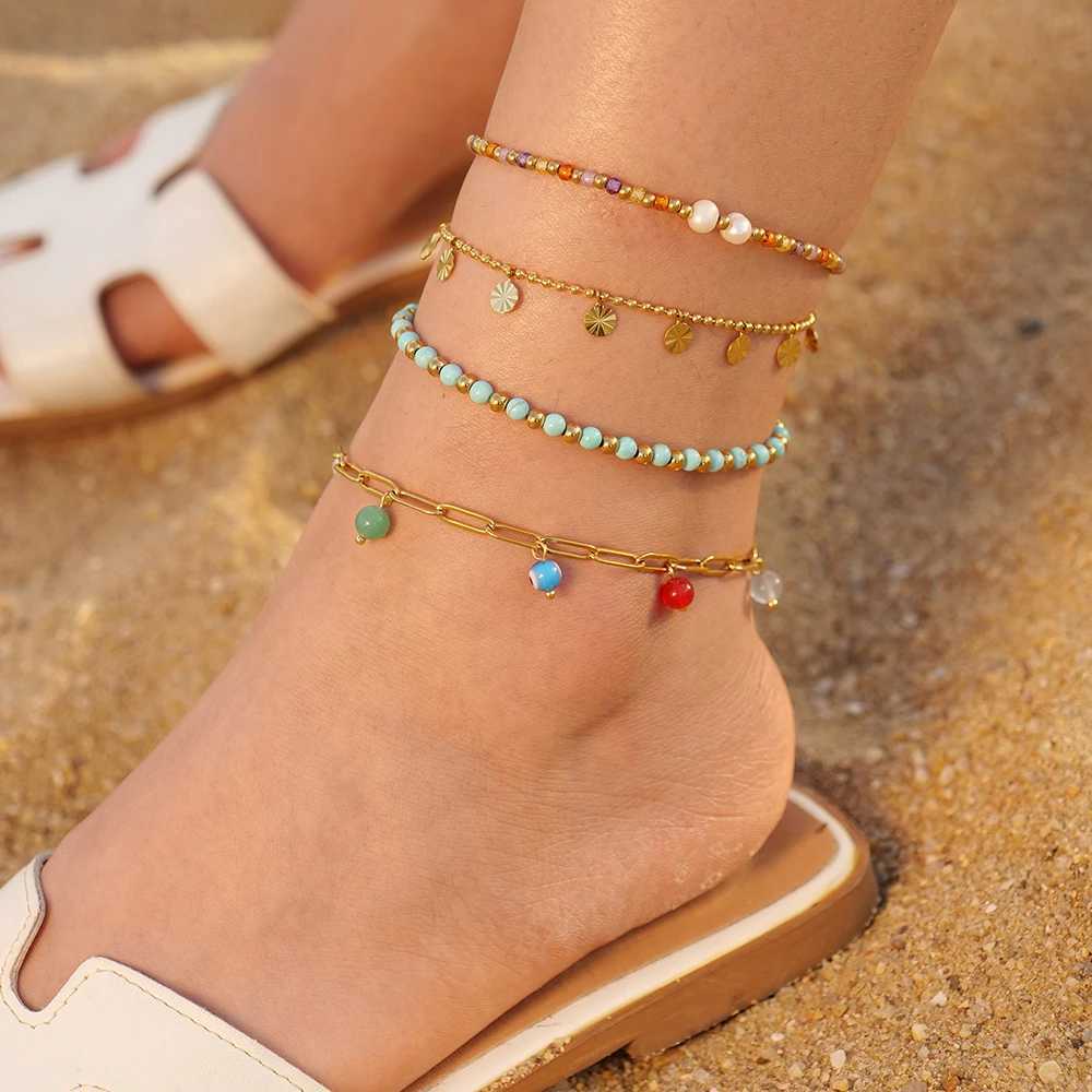 Youthway Dainty 18k Gold Plated Stainl Steel Simple Anklets Colorful Stones Summer Beach Seaside Waterproof Jewelry for WomenXJ250121
