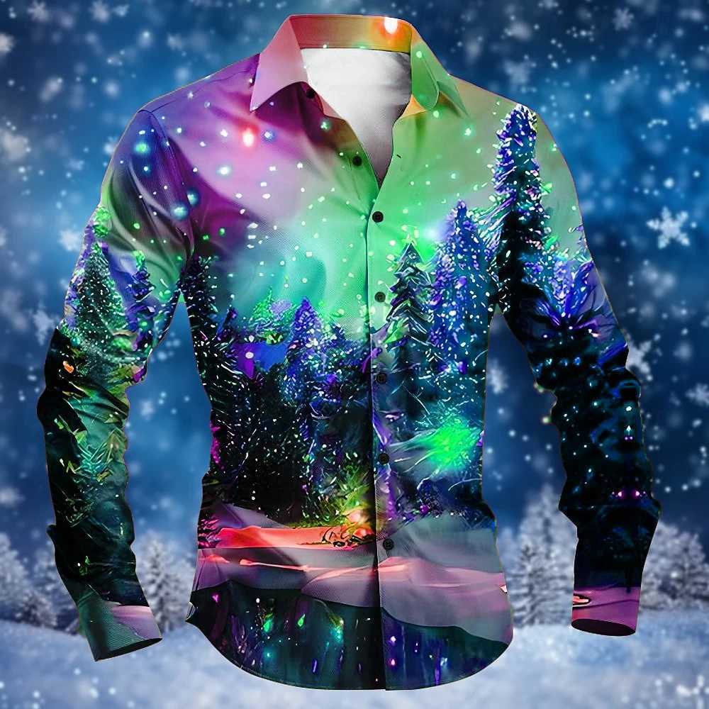 Christmas shirt long sleeved high-end mens shirt fashionable daily street under the aurora forest 3D printing cool hot sellingXJ250121