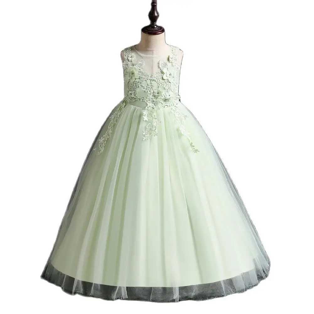 Green New Girl Flower Long Dress Childrens Ball Embroidered Princess Dress for 4 to 14 years Girl Party Wear X250203
