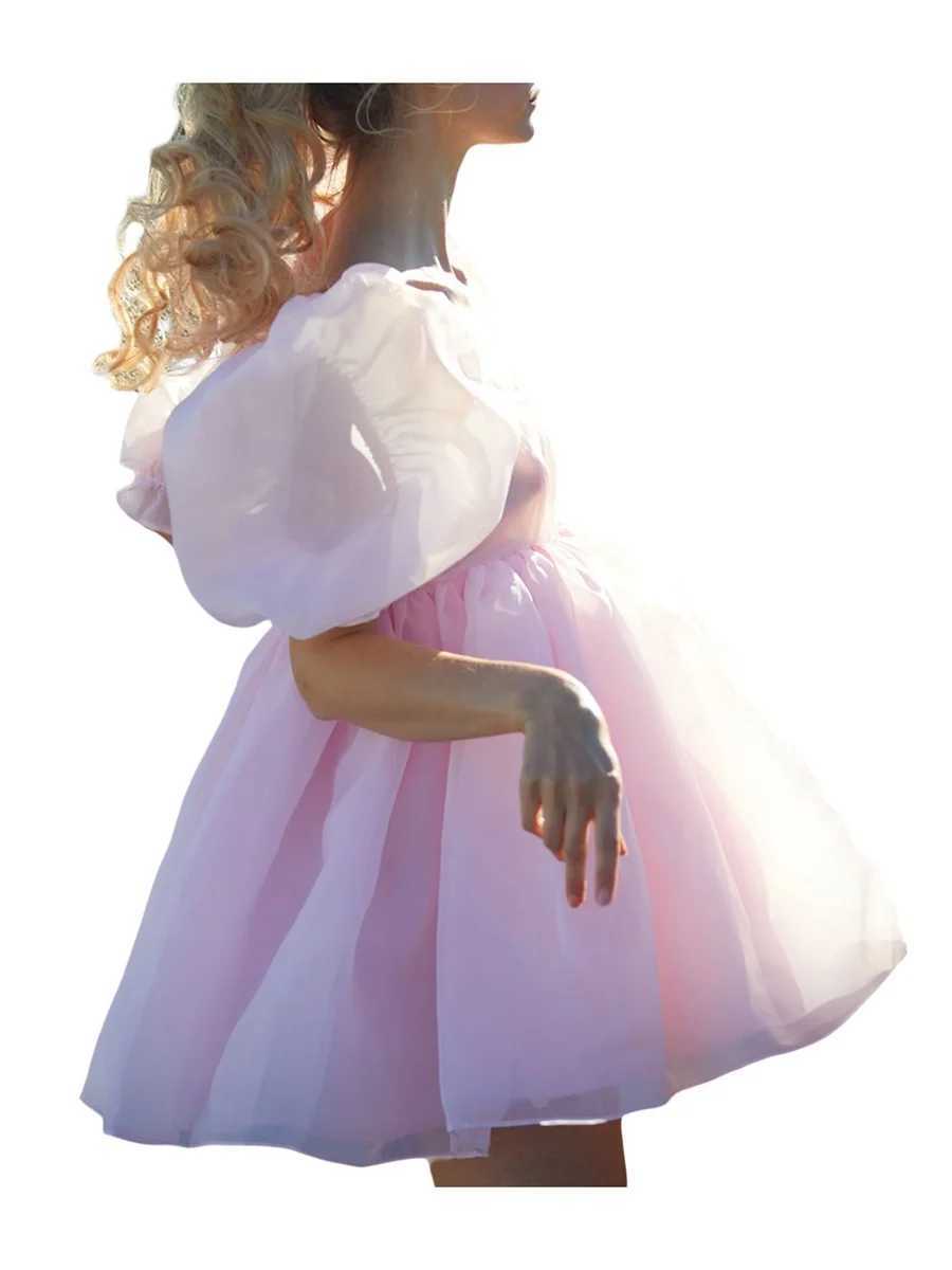 Women Summer Puffy Dress Solid Color Square Neck Bubble Sve Short Dress for Ladies Pink YellowXJ250115