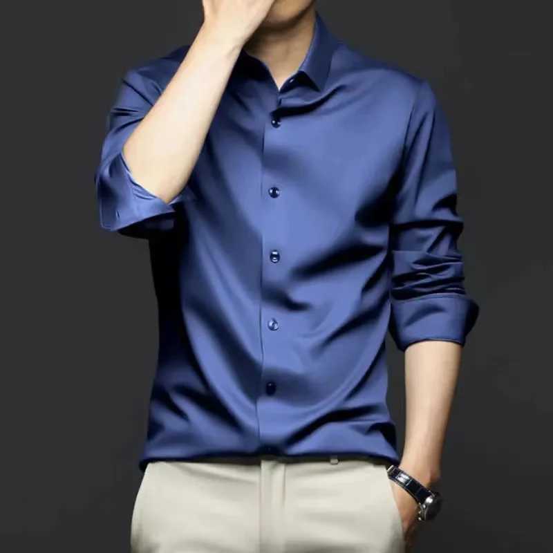 Large 5XL Mens Dress Shirts Long Sleeve Spring Autumn Solid Ice Silk Non Iron Business Blue White Blue Formal Male ClothingXJ250121