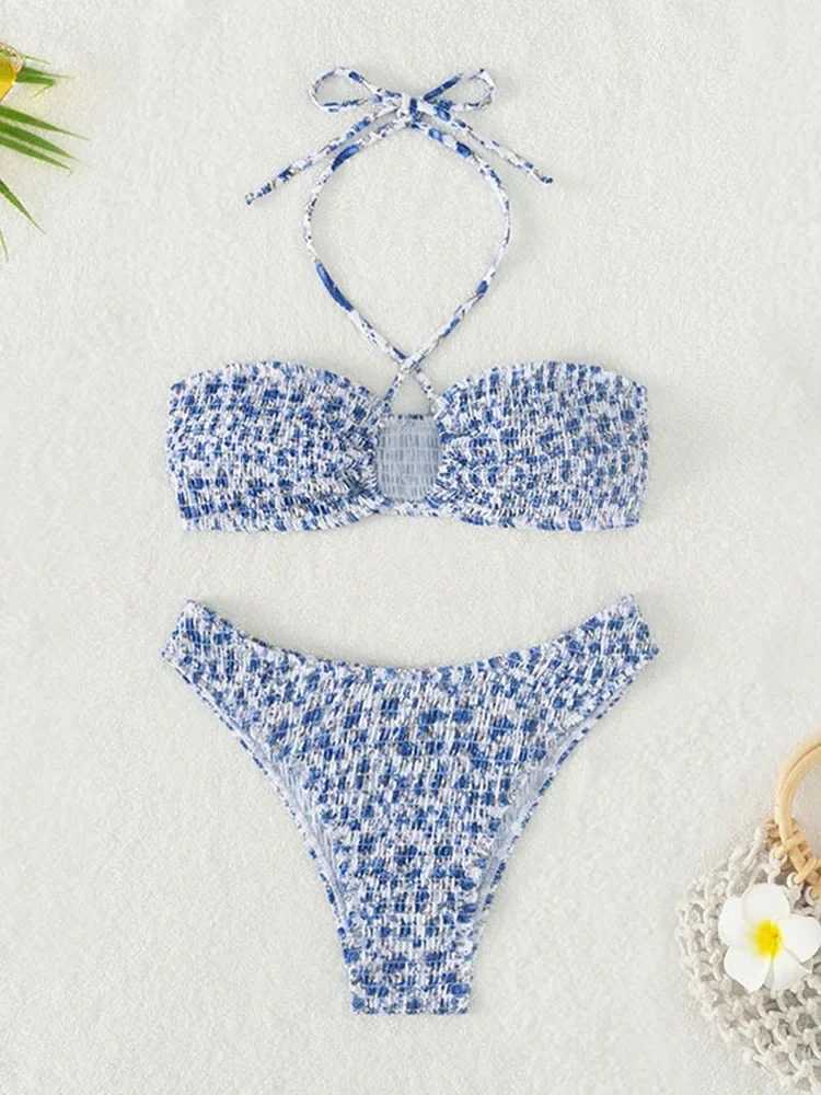 Sexy Bathing Suit Women Printed Swimsuit Pleated Bikini Set Bow Tie Lace Up Two-piece Beachwear Summer Halter BiquinisXJ250120