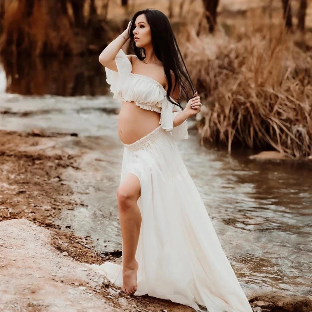 Maternity Dresses For Poshoot Pregnant Women Long Skirt And Top Pregnancy Ruffled Semi Transparent Chiffon Baby Shower Dress 250114