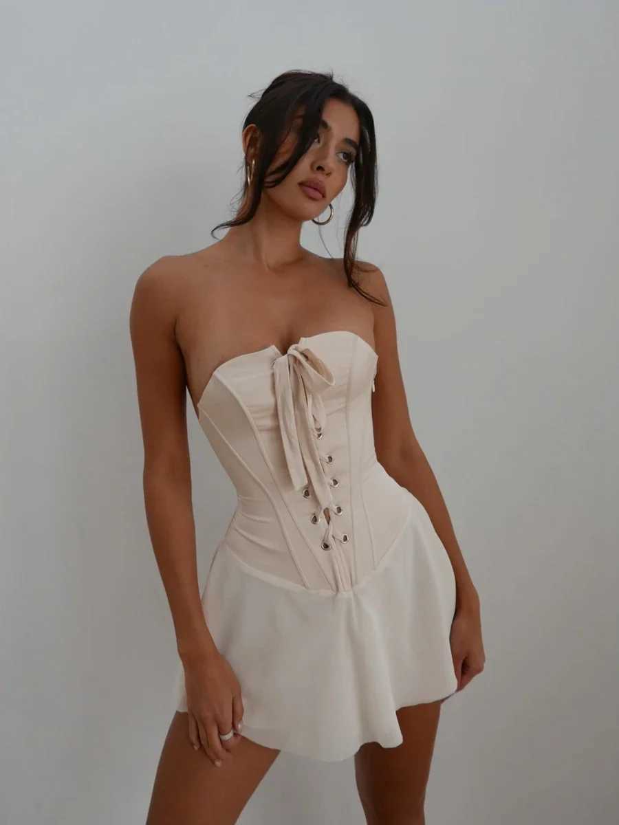 Combhasi Womens Strapless Tunic Ruffled Sveless Off Shoulder Front Cross Bandage Lace-up Mini A-Line Shaper Skinny DressXJ250115