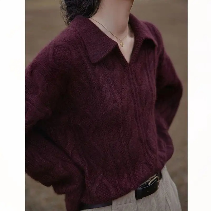 Vintage Polo Collar Knitting Pullovers Women Spring Autumn Simplicity Office Lady Sweater Loose Allmatch Casual Knitwear Tops 250114