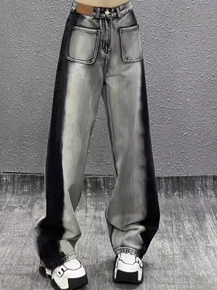 Women High Waist Slim Fit Wide Leg Jeans Girls Street Denim Straight Pants Female Black White Gradient Loose Trousers 250122