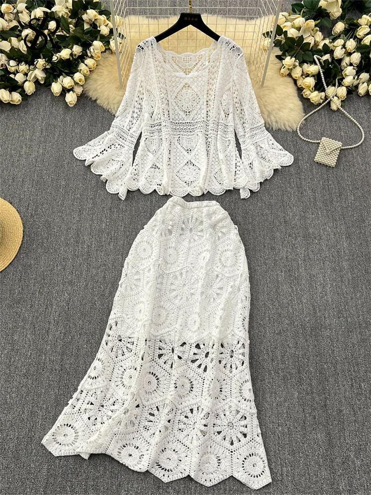 Singreiny Bohemian Vacation Knitted Two Piece Hollow Full Sleeve TopHigh Waist Mermaid Long Sleeve Set 250118