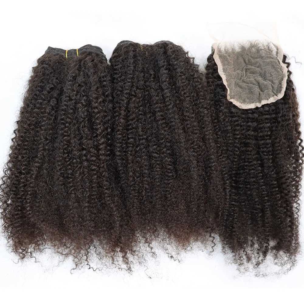 Afro Kinky Curly Virgin Human Hair Bundles with Frontal Natural Color Curly Brazilian Hair Weft with Lace Clo Full HeadXJ250120