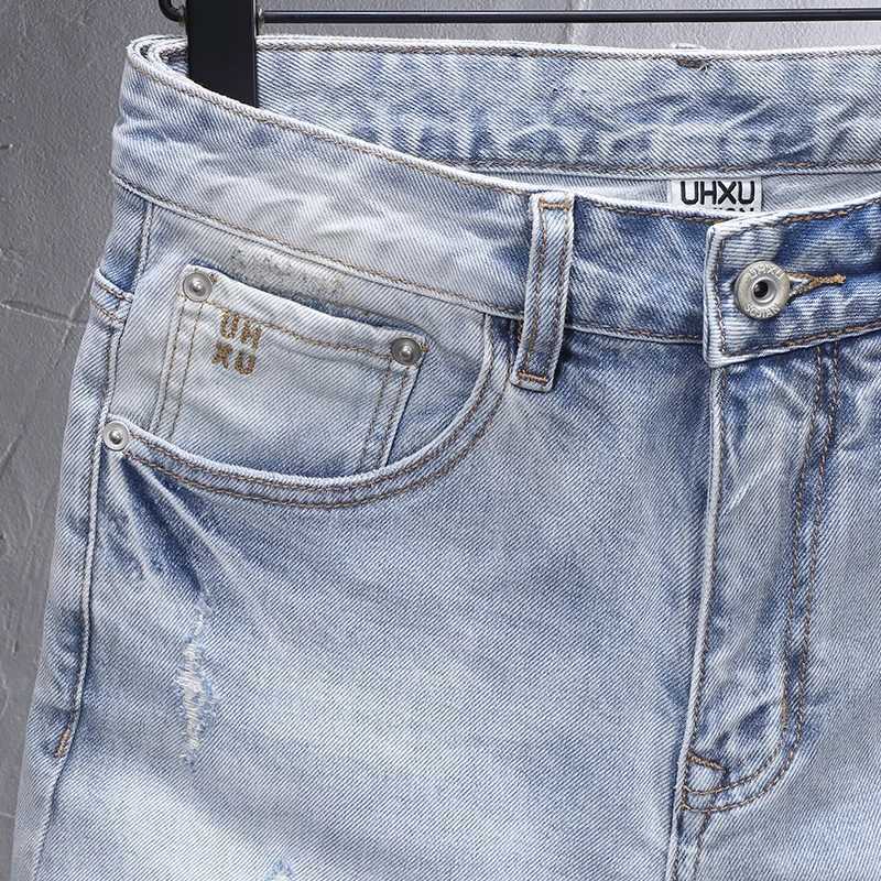 Summer Fashion Designer Short Jeans Men Retro Light Blue Stretch Slim Fit Ripped Jeans Patched Vintage Casual Denim Shorts Men X250203