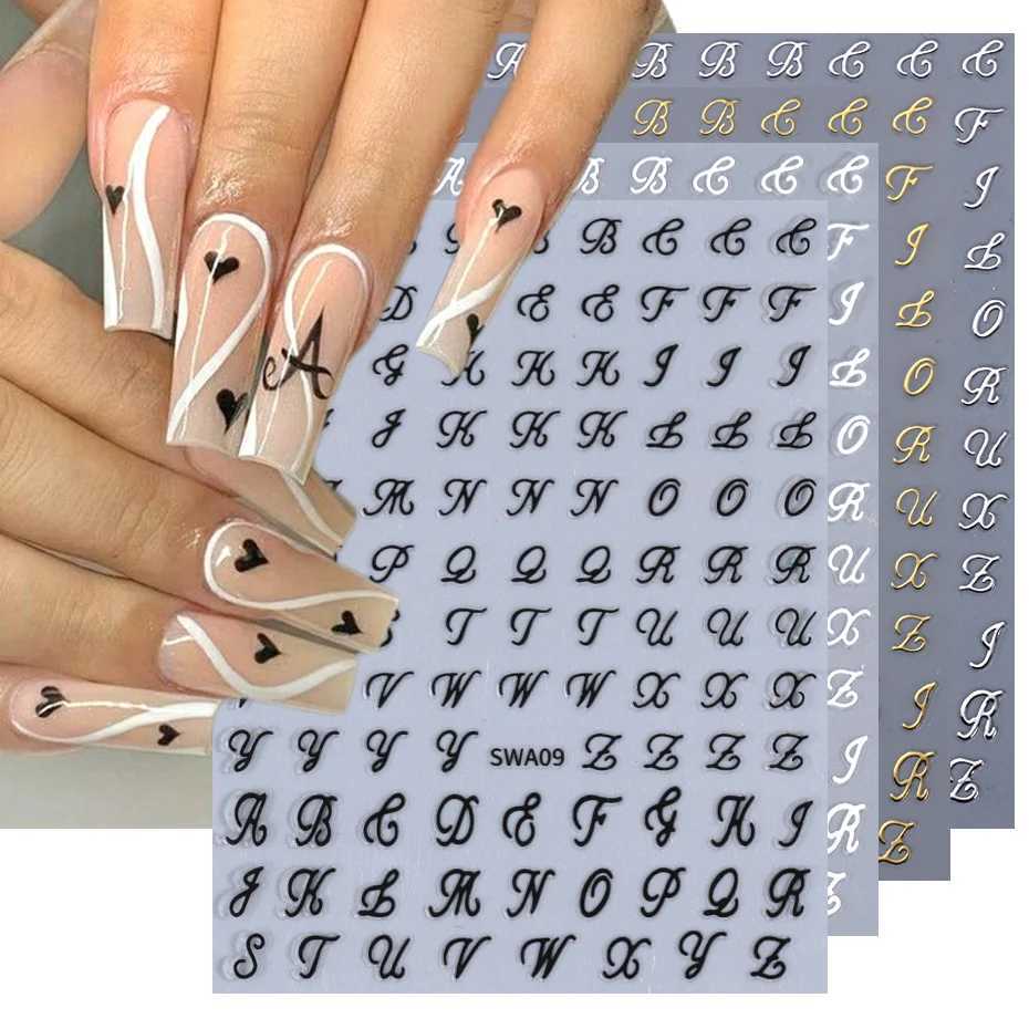 3D Metallic English Nail Stickers Black White Gold Silver Art Letter Alphabet Self-adhesive Holographic Slider Nail DecorationXJ250120