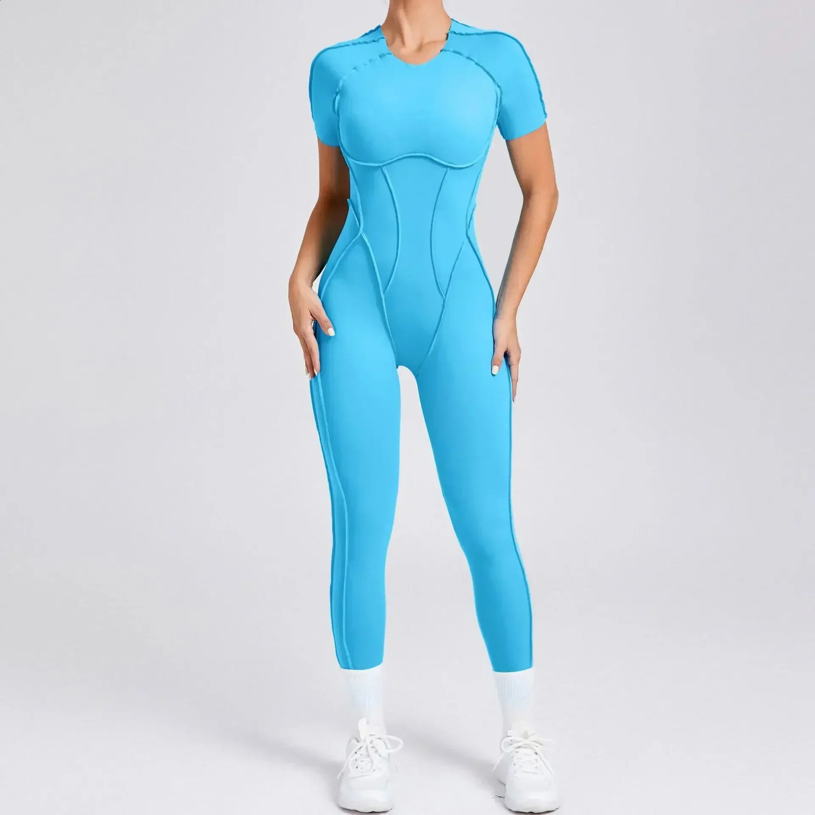 Seamless Yoga Jumpsuits Sports Fitness Hiplifting Backless Shortsleeved Onepiece Workout Gym Leggings Tracksuits for Women 250107