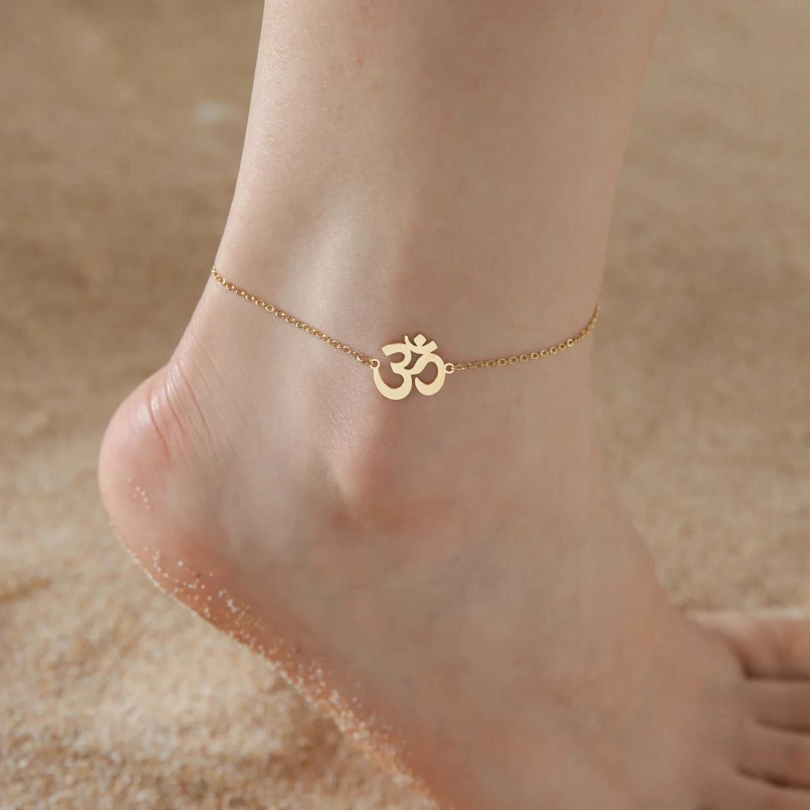 Skyrim Indian Buddhism Yoga OM Anklet Women Stainl Steel Double Layer Beads Chain Ankle Bracelet Amulet Summer AccoriesXJ250121