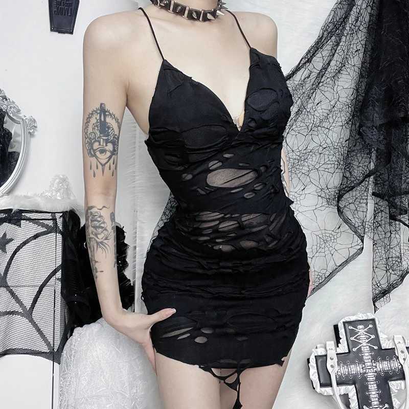 Gothic Style Ripped Hole Slim Fit Slit Bag Hip Skirt Irregular Design Black Suspender DressXJ250115