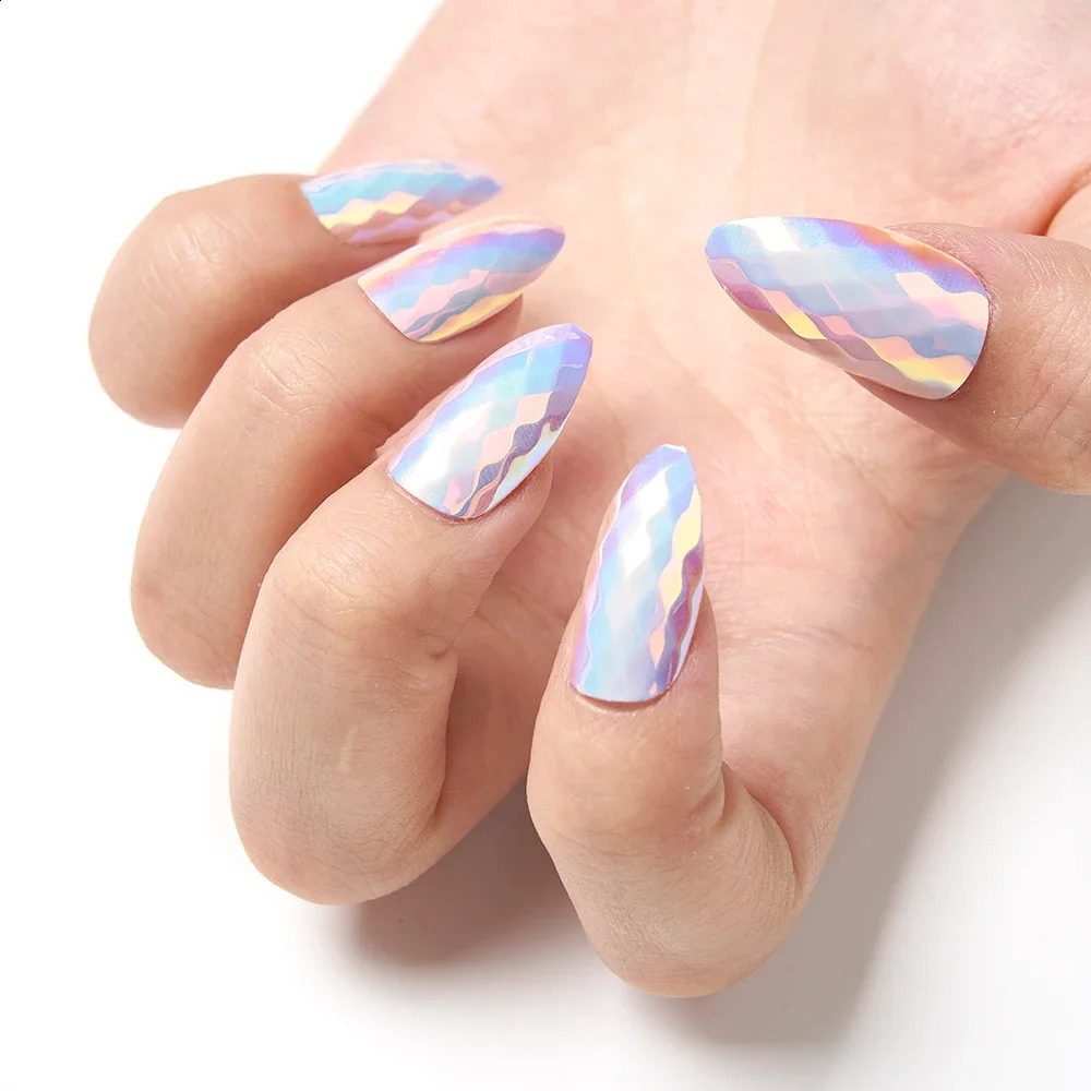 24PCS Cat Eyes Pink Red Magic Mirror Manicure Short Press on Nails Full Cover Ballet False Nails With Glue for Women 250108