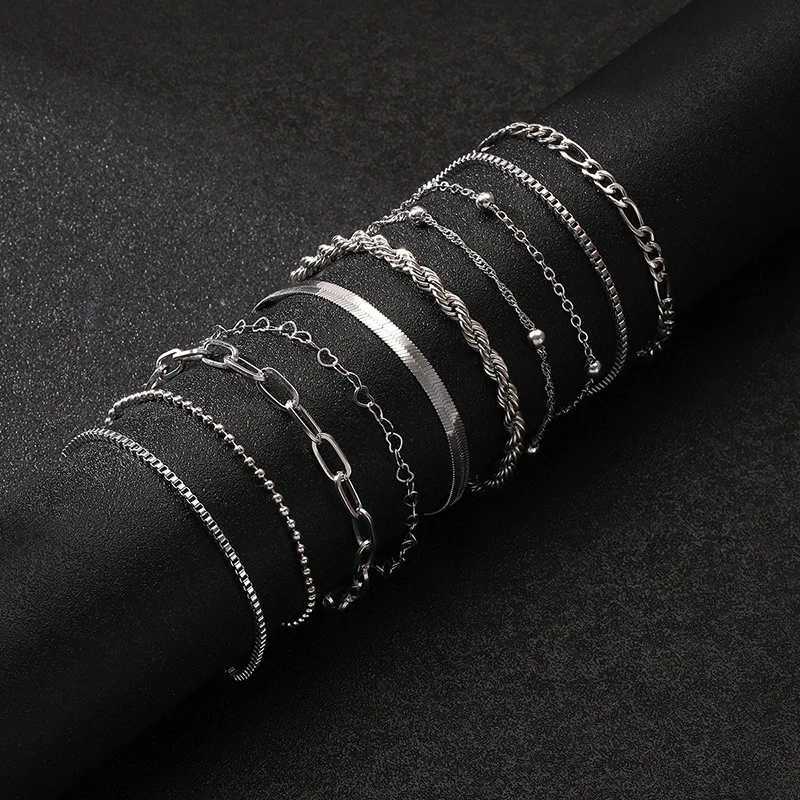 10 Pcs Vintage Statement Gold Color Flat Snake Chain Box Chain Bracelet Boho Multi-layer Metal Bracelet Womens Summer Jewelry W250121
