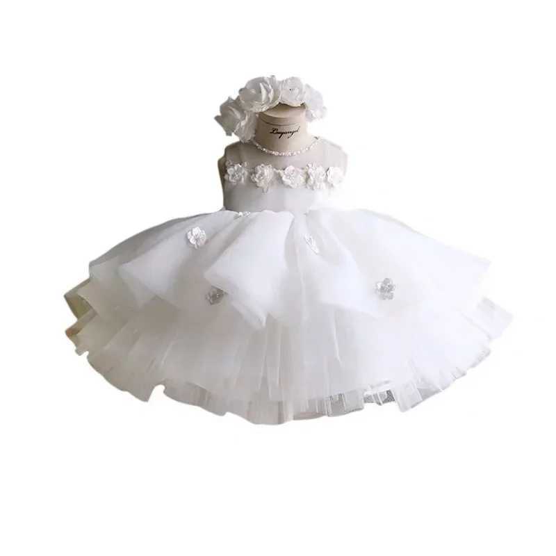 Newborn Baptism Dress For Baby Girl White First Birthday Party Wear 3D Flower Toddler Girl Christening Gown Wedding Dresses X250203