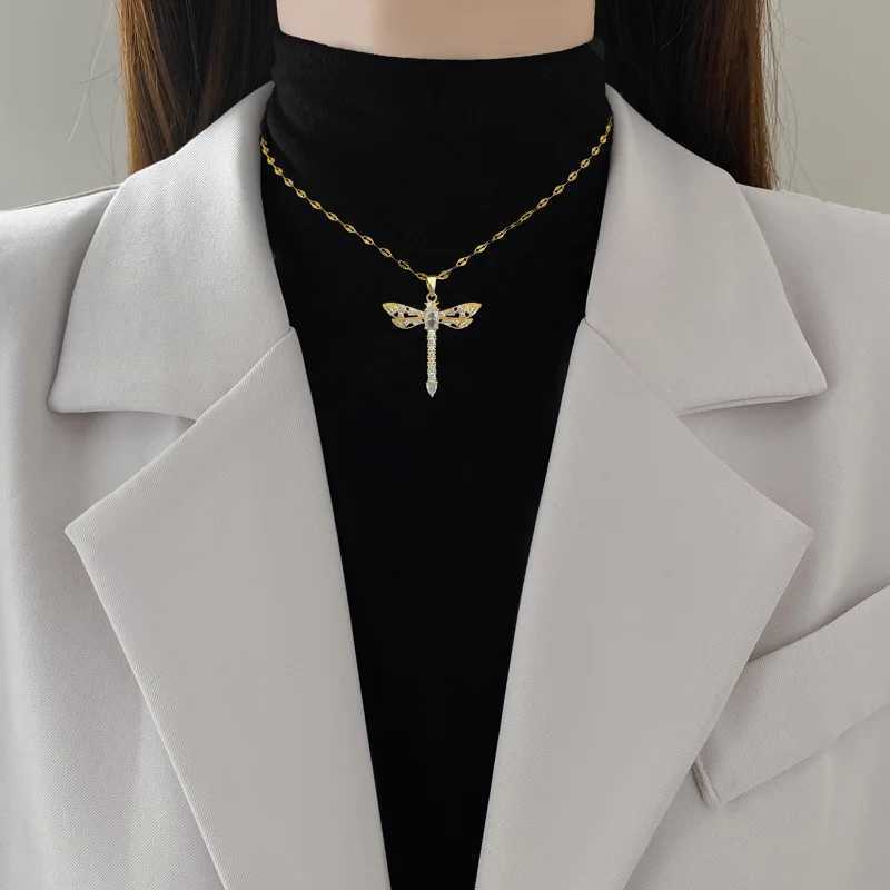Hollow-out Dragonfly Pendant Necklace with Titanium Steel Chain and Micro-inlaid Zircon Stylish Womens AccessoryXJ250121