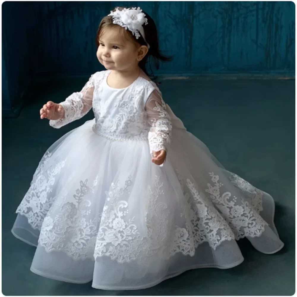 Baby Baptism White Flower Girl Dresses Tulle Appliques With Bow Long Sleeve For Wedding Birthday Holy Communion Gowns X250203