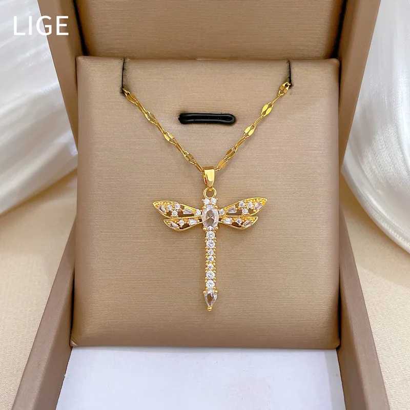 Hollow-out Dragonfly Pendant Necklace with Titanium Steel Chain and Micro-inlaid Zircon Stylish Womens AccessoryXJ250121