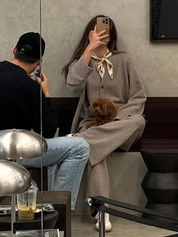 Casual Knitted Cardigan Pants Set Women V-neck Long Sleeve Sweater Wide Leg Trousers 2 Piece Sets in Matching Lady Outfit 250113