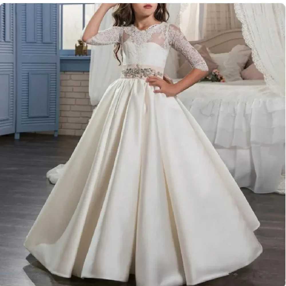 Flower Girls Dress Bow Lace Open Back Satin Elegant First Holy Communion Gowns Neck Pageant Dress Birthday Prom Party Baptism X250203