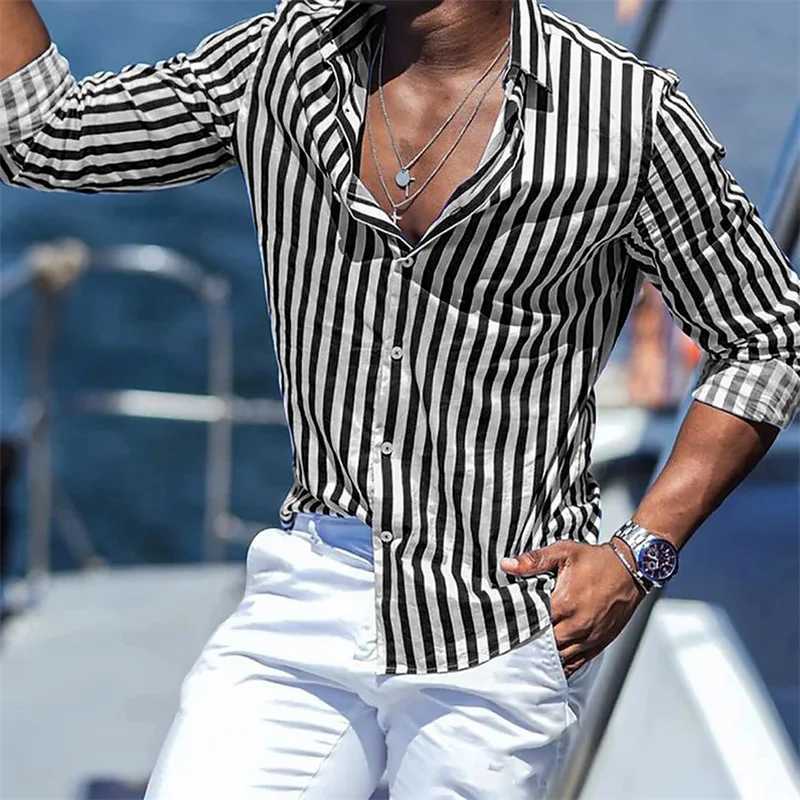 Mens button-up shirt casual business spring and summer large size long-sleeved striped print work daily vacation shirtXJ250121