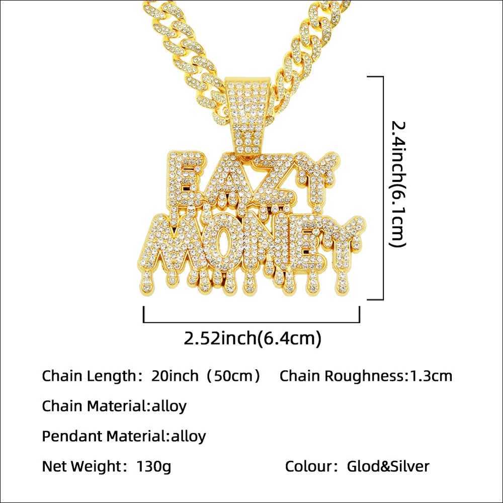 Fashion Rock EAZY MONEY Letter Pendant With 13mm Rhinestones Miami Cuban Chain HipHop Iced Out Bling Necklaces Charm Man JewelryXJ250121