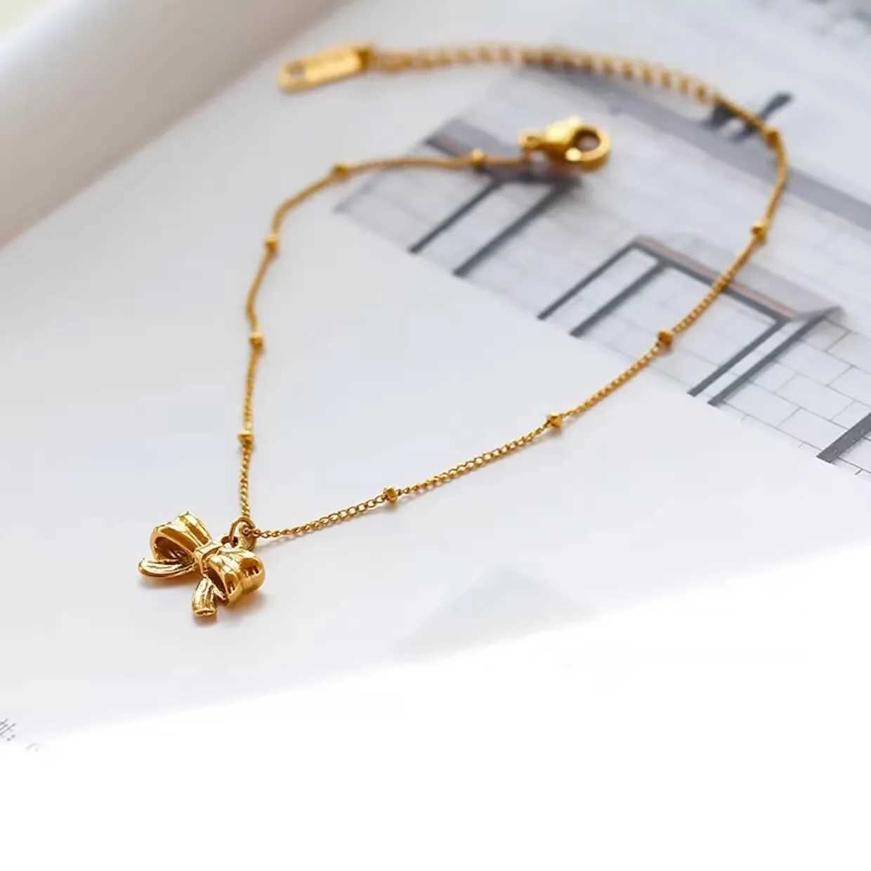 OIMG 316L Stainl Steel Princ Bow Knot Ankle Anklet Foot Chain For Women Girls Bead Chain Summer Beach Barefoot BraceletXJ250121
