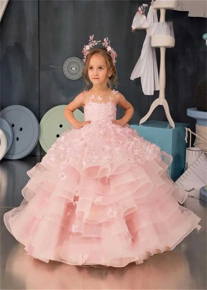 Pink Puffy Sleeveless Appliqu Flower Girl Dress Pretty Princess Dress First Communion Child Butterfly Childrens Clothing X250203