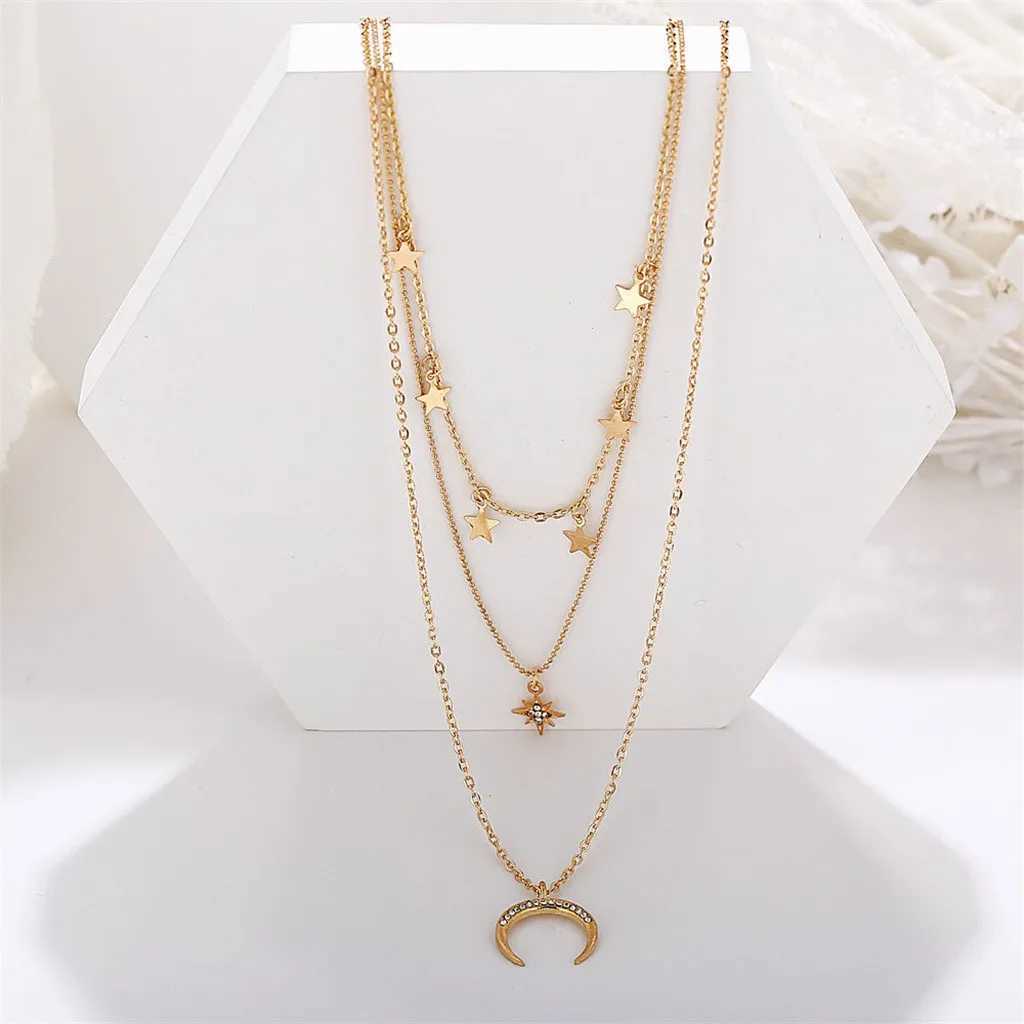Necklace For Women Fashion Elegant Star Moon Three-layer Necklace Vintage Clavicle Chain Ladies Party Jewelry Necklace 2022XJ250121