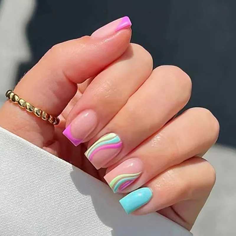 24pcs/set Black Reusable Adhesive Fake Nails Beveled French Snake Pattern Wearing Art False Nails Finished Fashion Press on NailW250120
