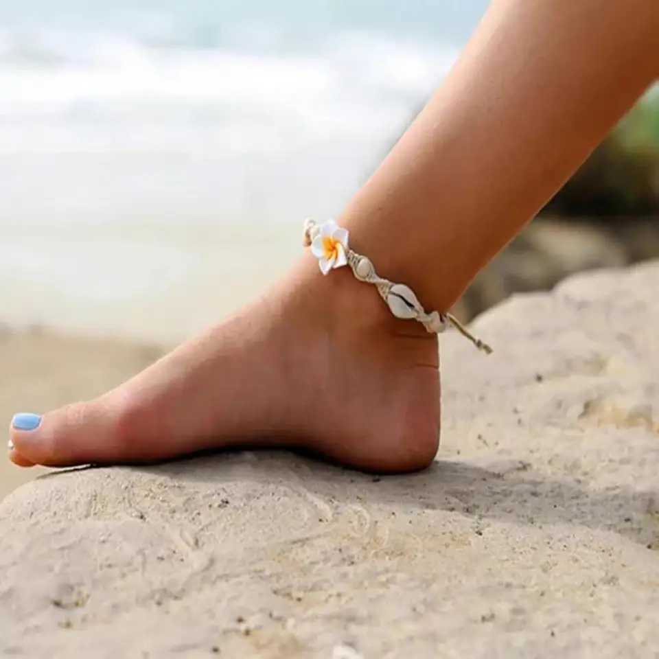 Women Anklets Clay Shell Frangipani Anklets Bohemian Flower Sea Shell Beads Anklet Foot Chain Women Barefoot Ankle BraceletXJ250121