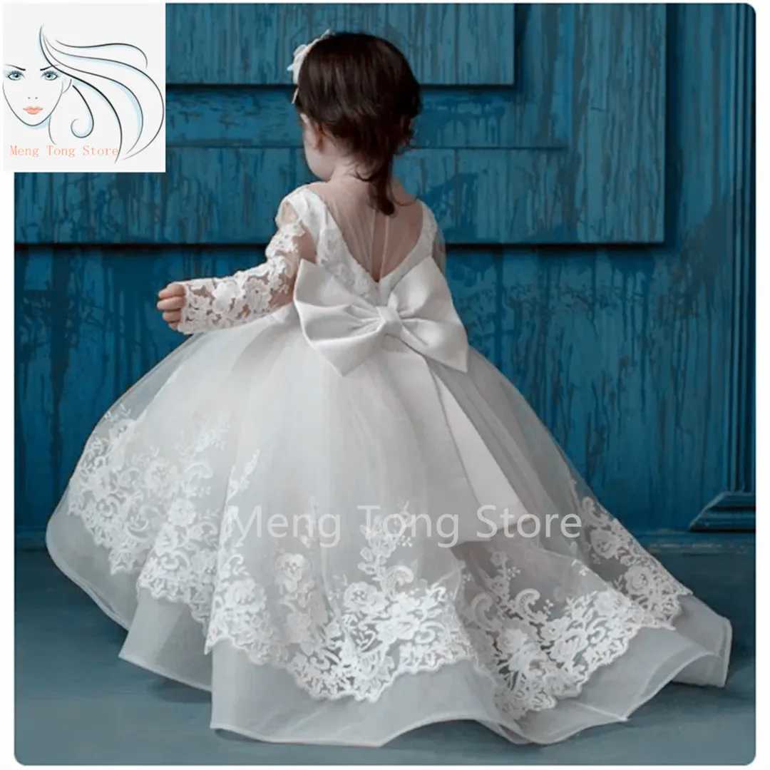 Baptism White Flower Girl Dresses Tulle Appliques With Bow Long Sleeve For Wedding Birthday Holy Communion Gowns X250203