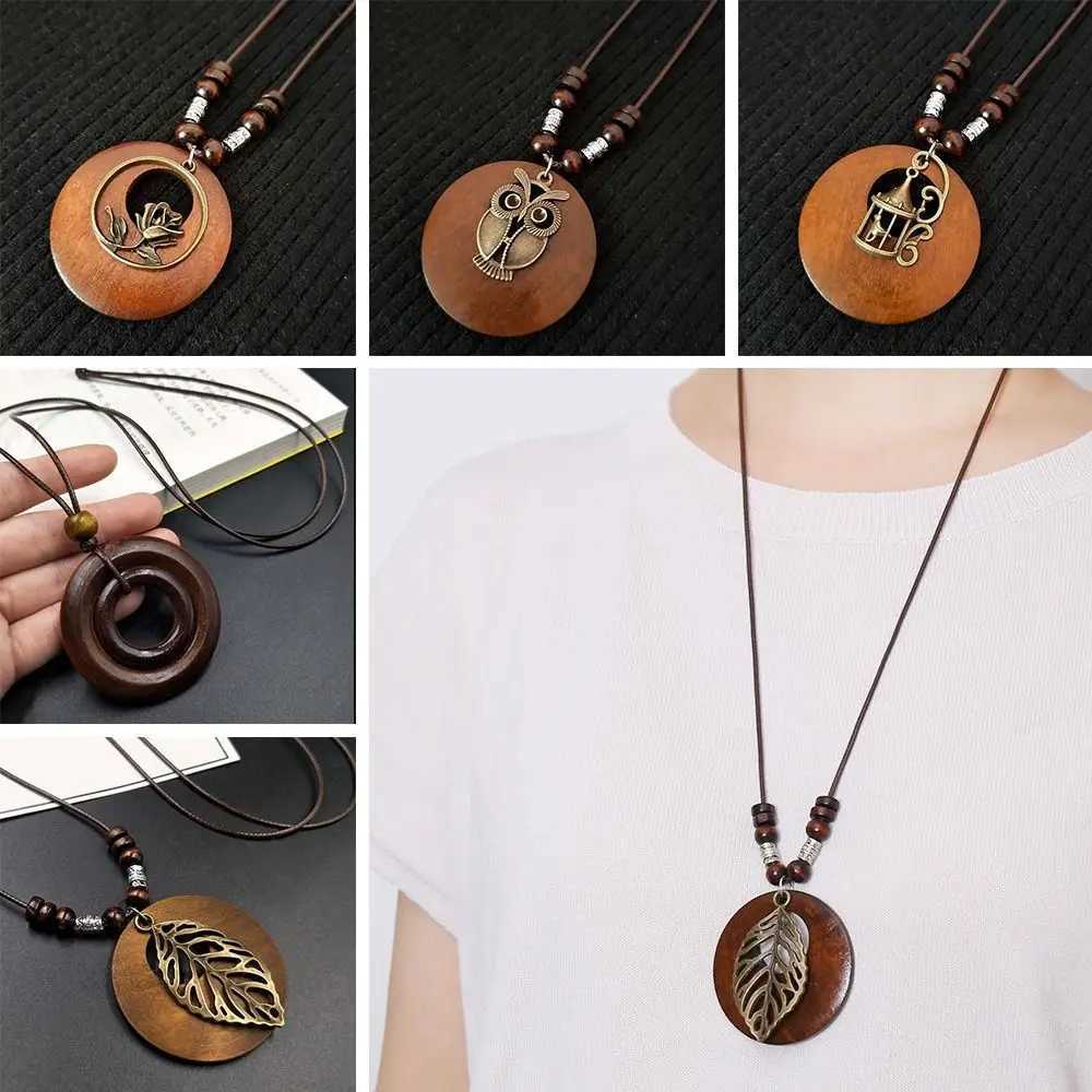 Ethnic Round Wooden Leaf Owl Long Sweater Chain Retro Necklace Women Clock Pendant Female Jewelry Neck Accessories Gifts CollarXJ250121