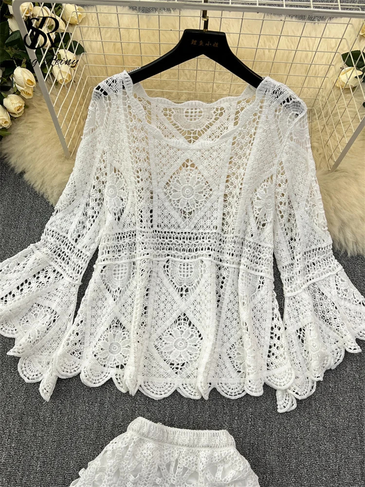 Singreiny Bohemian Vacation Knitted Two Piece Hollow Full Sleeve TopHigh Waist Mermaid Long Sleeve Set 250118
