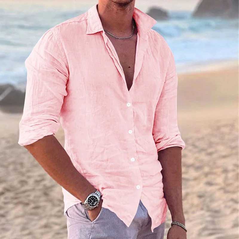 2024 Mens Linen Lapel Long Sleeve Shirt Hawaiian Solid Color Casual Beach Top Loose Breathable Fashion Large Size Top XS-6XLXJ250121