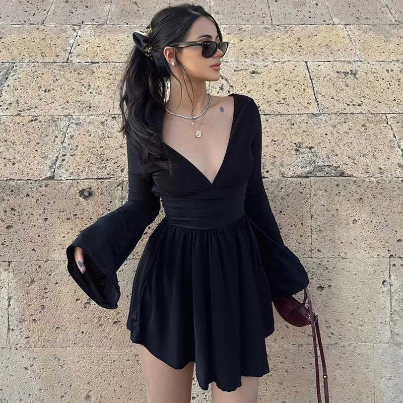 Women Vintage Ele Dresses Deep V Neck Sexy Backless Flared Long Sve Waist Tightening Streetwear Autumn Mini Dress XJ250115