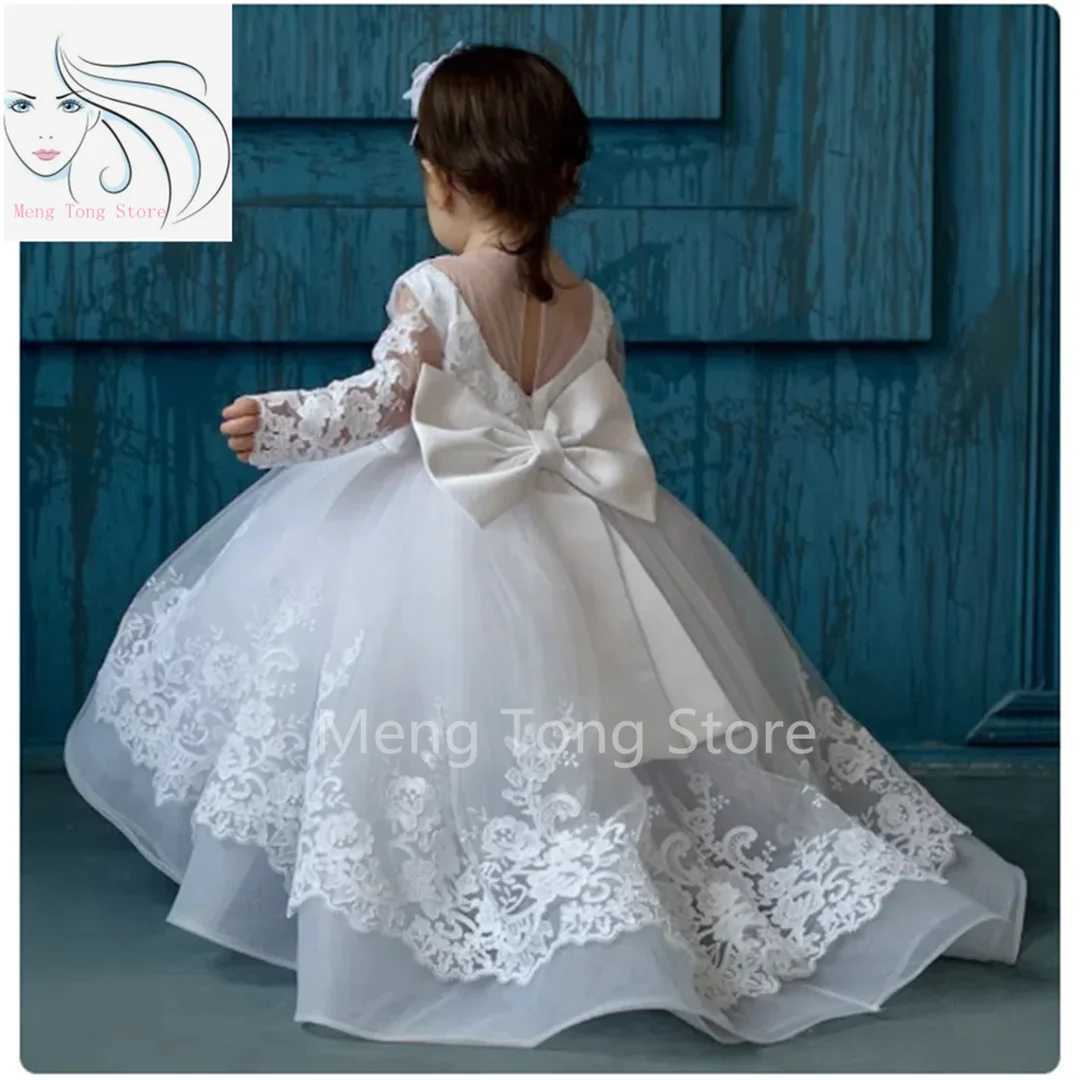 Baptism White Flower Girl Dresses Tulle Appliques With Bow Long Sleeve For Wedding Birthday Holy Communion Gowns X250203