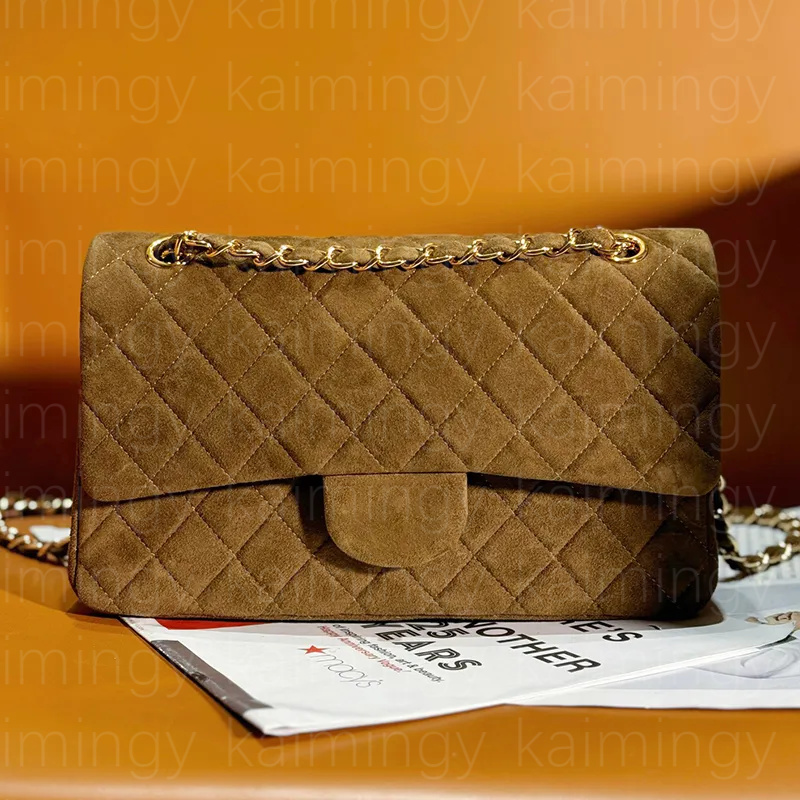 Top quality Designer Bags Womens Classic Double Flap Bags 25cm cf Vintage Suede Gold Hardware Turn Lock Crossbody Shoulder Handbags Luxury Brand with box