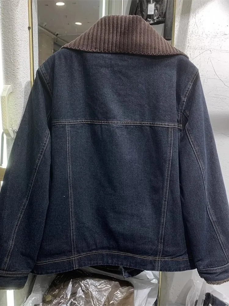 Winter Women Thick Warm Fleece Lining Denim Jacket Spliced Lapel Collar Rivets Casual Streetwear friend Style Loose Fit Coat 250121