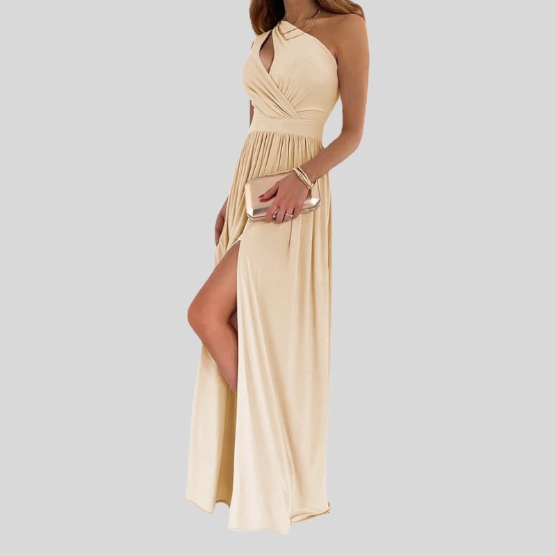New best-selling slanted shoulder long dress temperament sleeveless sexy high waist split dress European and American women's clothing