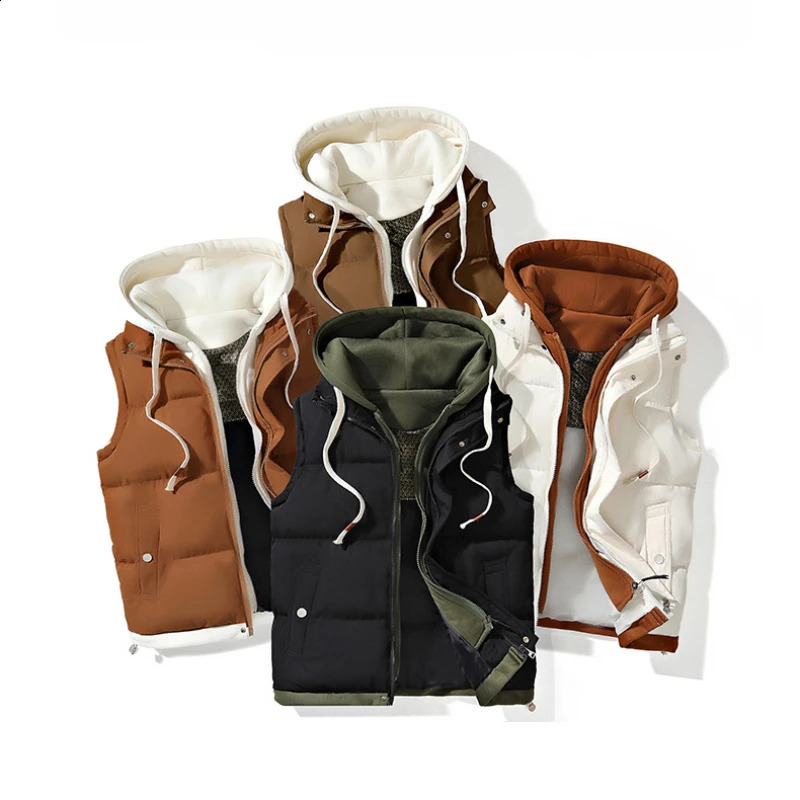 Korean Fashion Hooded Vest for Men Autumn Winter Casual Sleeveless Men Coats Windproof Sleeveless Men Cotton Jacket with Hood 250108
